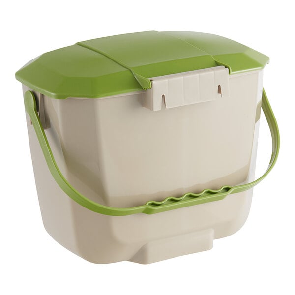 A beige plastic Toter wastebasket with a lime green lid.
