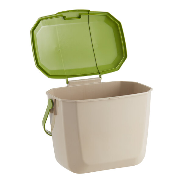 A beige Toter rectangular plastic kitchen wastebasket with a lime green lid.