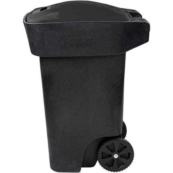 A black Toter rectangular wheeled trash can with a locking lid and wheels.