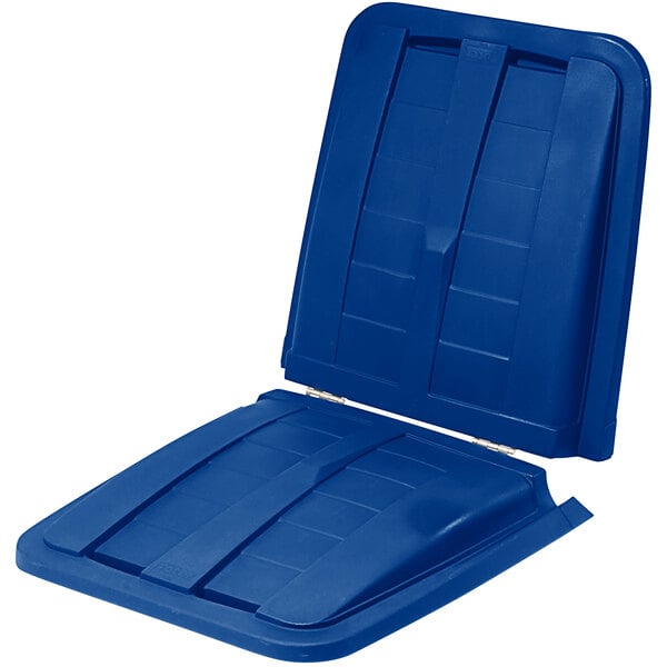 A blue plastic lid for a Toter tilt truck.