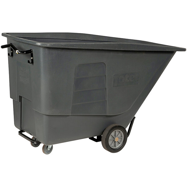 A large grey plastic container with wheels.