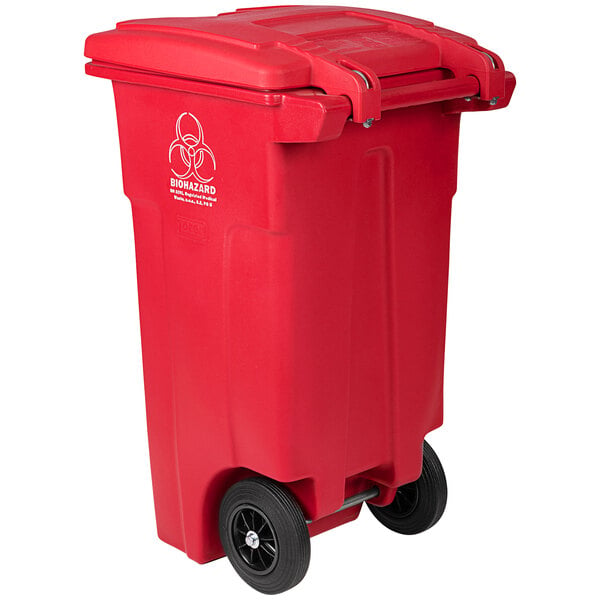 A red Toter rectangular wheeled medical waste cart.