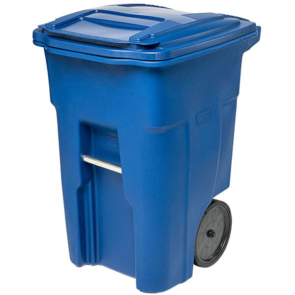 A blue Toter trash can with wheels.