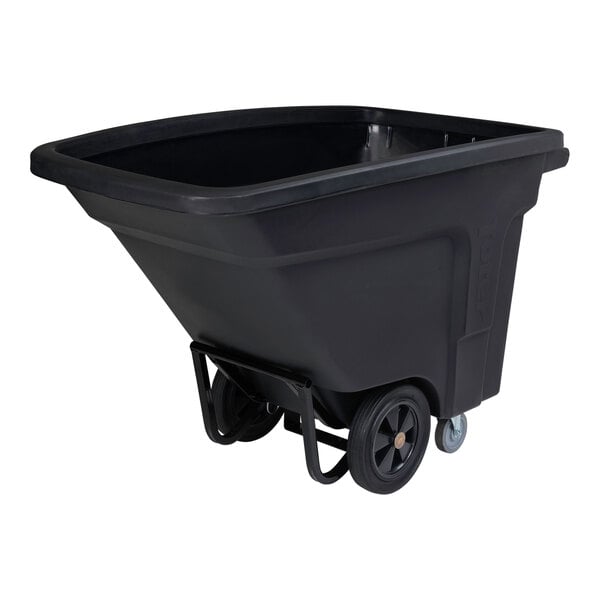 A black plastic Toter tilt truck on wheels.