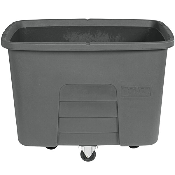 A grey plastic Toter cube truck with wheels.