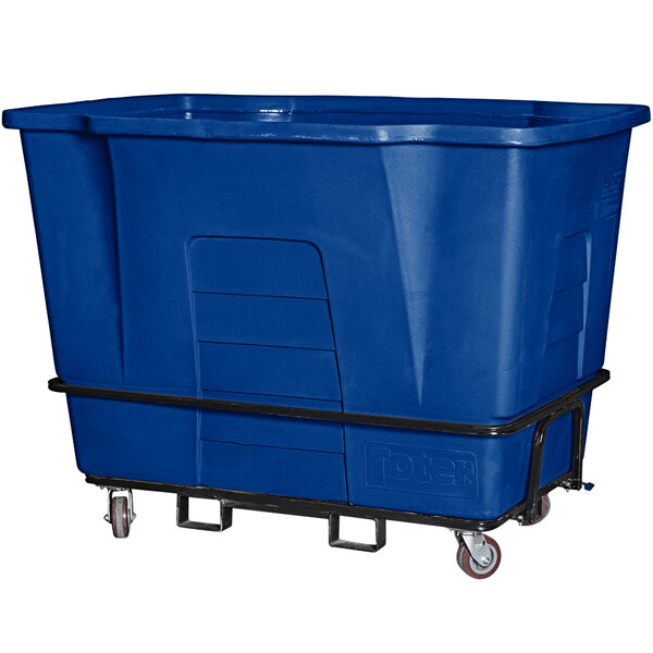 a blue plastic bin on wheels