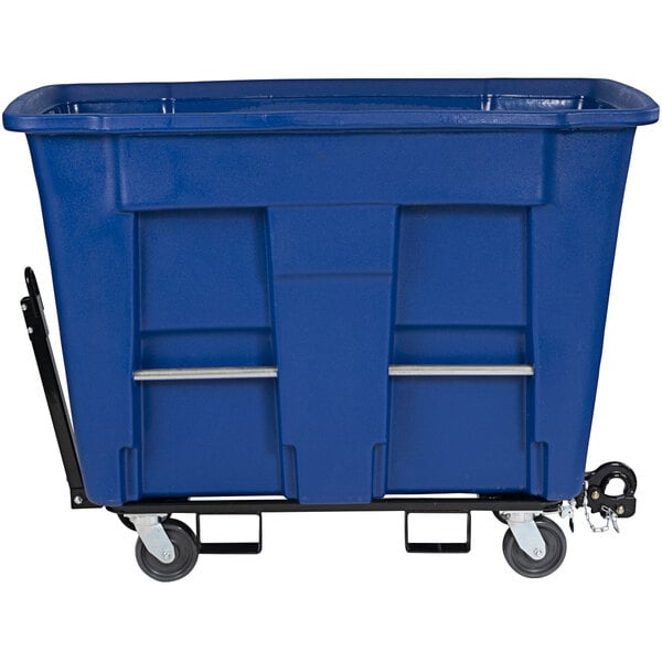 A blue plastic container on wheels.