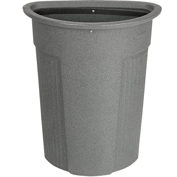 A Toter grey plastic half round trash can with a lid.