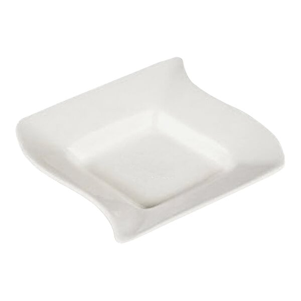 A CAC Soho ivory square saucer with curved edges on a white surface.