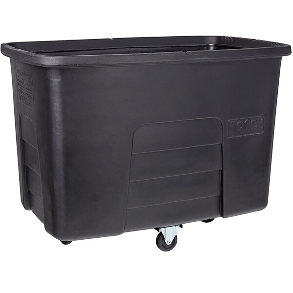 A black plastic Toter cube truck container on wheels.