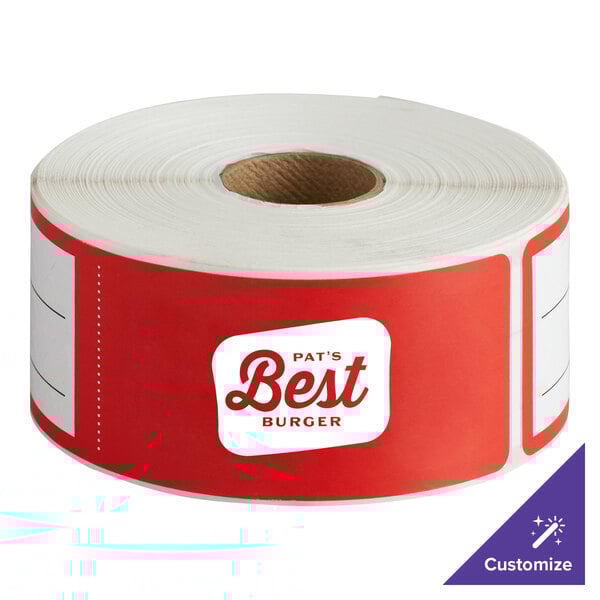A roll of red TamperSafe labels with customizable text.