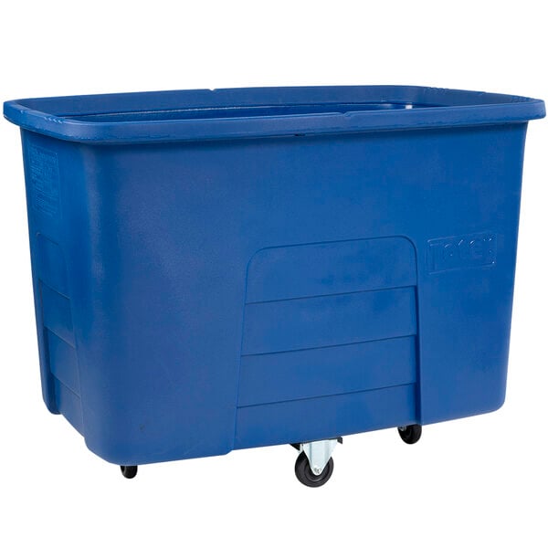 A blue Toter heavy-duty plastic cube truck with wheels.