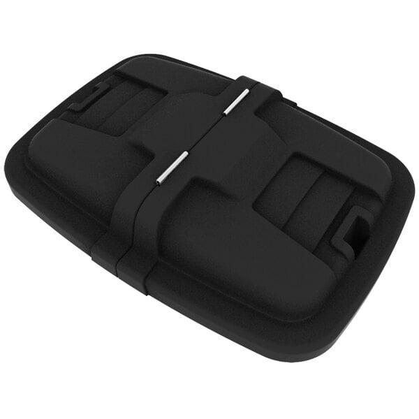 A black plastic case with a metal buckle and two compartments.