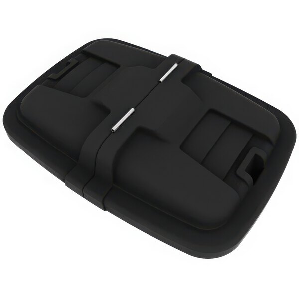 A black plastic lid with two compartments and metal handles.