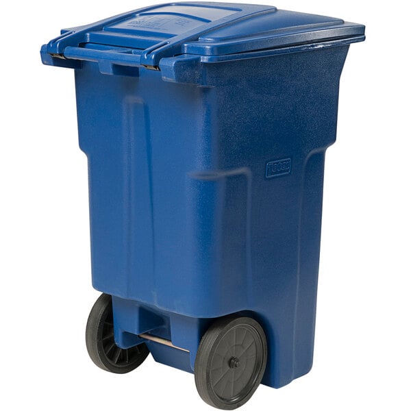 a blue trash can with wheels