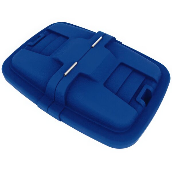 A blue plastic lid with metal clasps for a Toter cube truck.