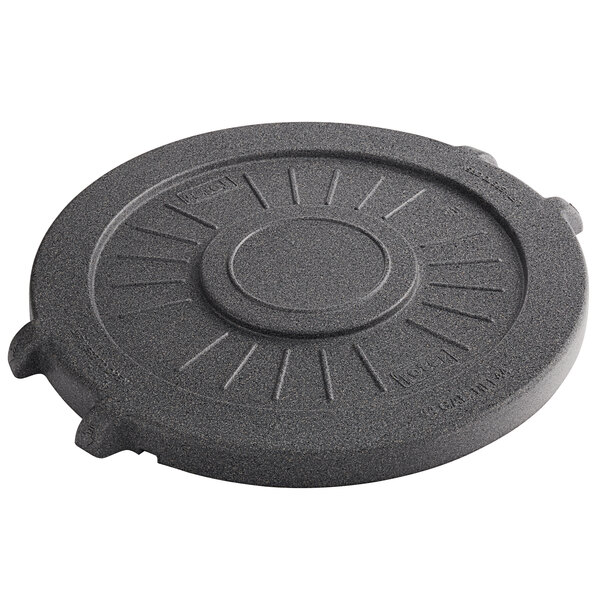 A graystone flat lid for a 44 gallon round Toter trash can.