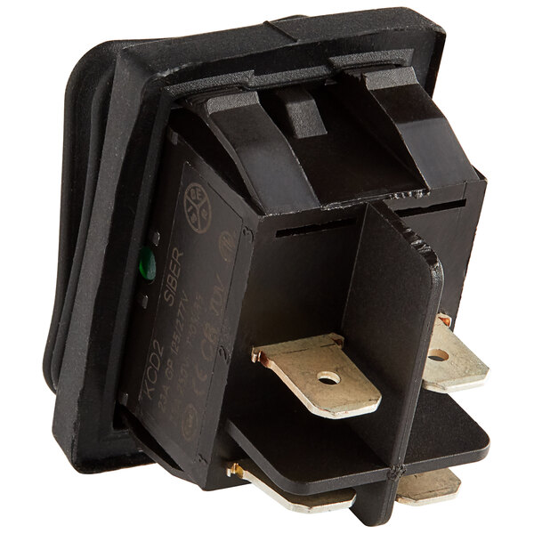 An Avantco power switch with two black plugs and a green button.