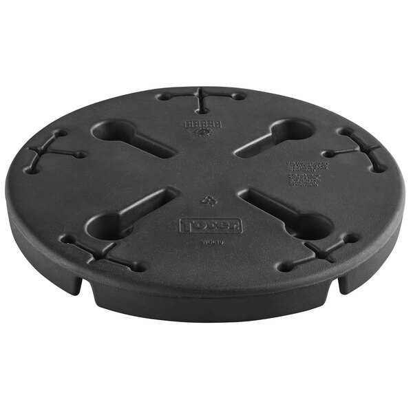 A black circular weighted base with holes.