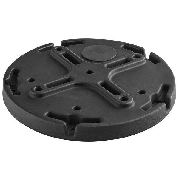 A black weighted circular base with holes for Toter round trash cans.