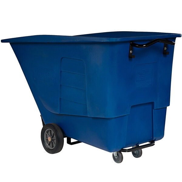 A blue plastic container on wheels.