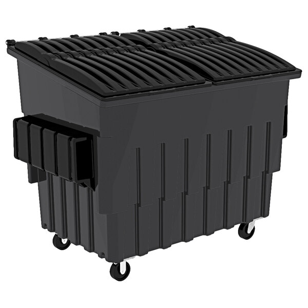 a black dumpster with wheels