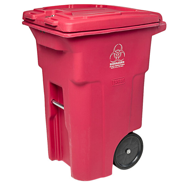 a red garbage can with wheels
