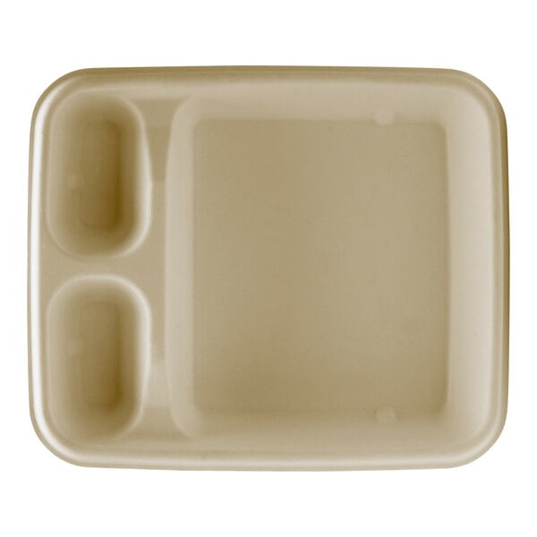 A white rectangular Fineline bagasse tray with three compartments.