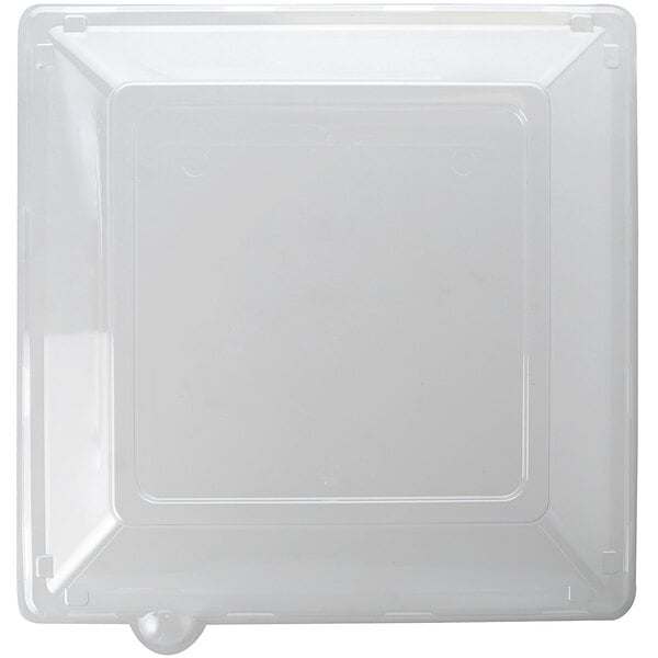 A Fineline clear plastic lid with a vent for a square container.