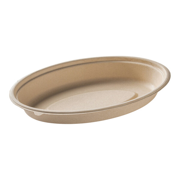A close-up of a Fineline oval bagasse bowl.