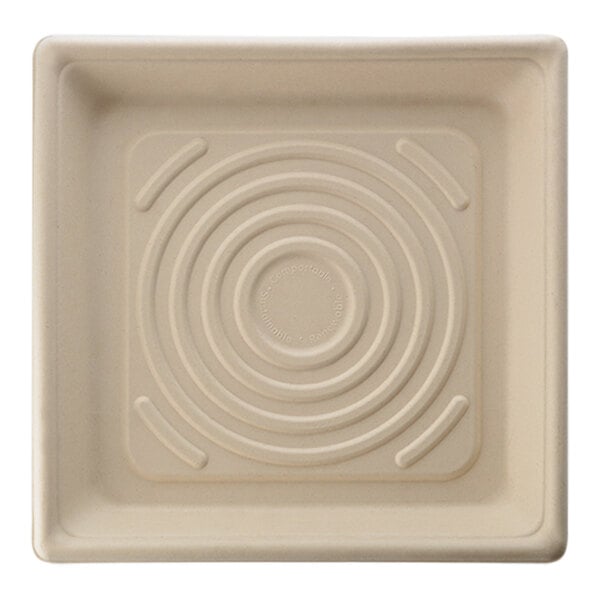 A white square Fineline bagasse tray with curved lines on the surface.