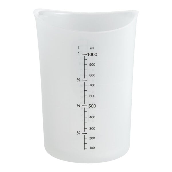 A translucent silicone measuring cup with measurement markings up to 1 quart or 1000 milliliters.