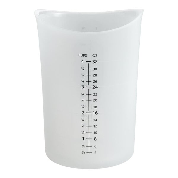 A translucent silicone measuring cup with measurement markings for cups and ounces.
