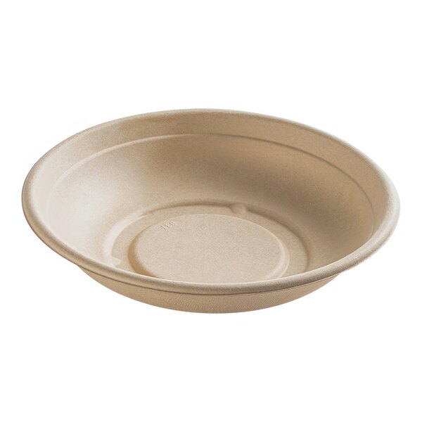A close-up of a Fineline tan bagasse bowl with a white circle on the bottom.
