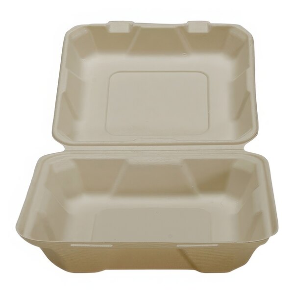 A white rectangular Fineline bagasse take-out container with a rectangular object inside.