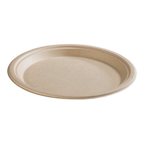 A close-up of a Fineline beige bagasse oval plate.