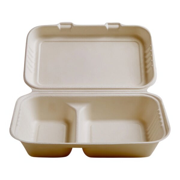 A white Fineline bagasse take-out container with two compartments.