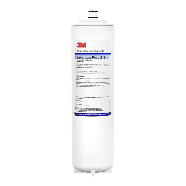 A white 3M Water Filtration Products cylinder with a blue label and black text.