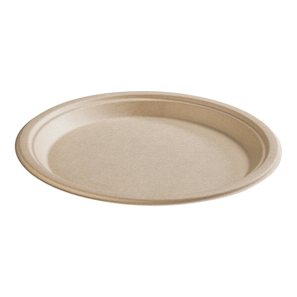 A close-up of a Fineline bagasse oval plate with a beige rim.