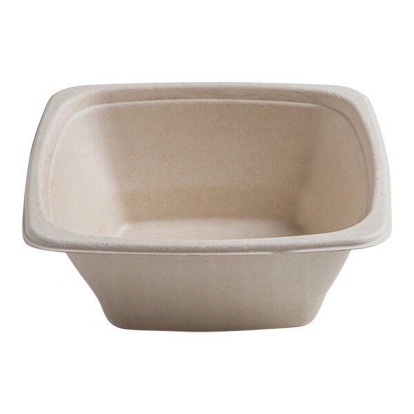 A close up of a Fineline tan bagasse square bowl with a square bottom.