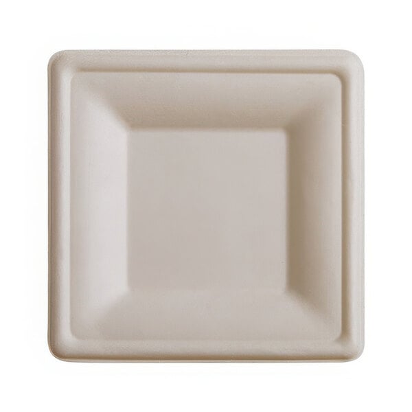 A white square Fineline bagasse plate.