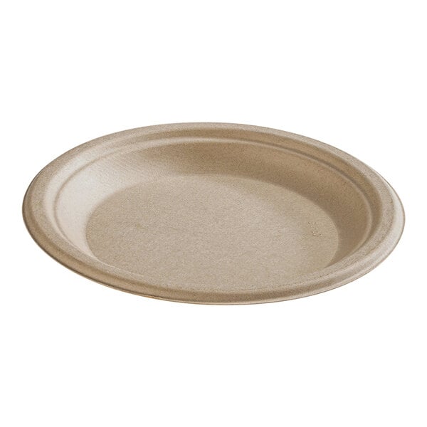 A close-up of a Fineline bagasse paper plate with a beige rim.