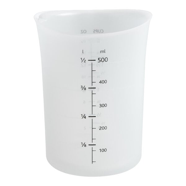 A translucent silicone measuring cup with measurement markings up to 500 milliliters or 1 pint.