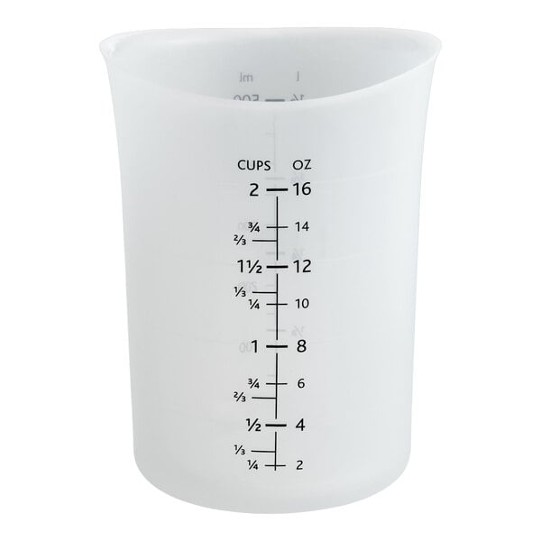 A translucent silicone measuring cup with measurement markings for cups and ounces.