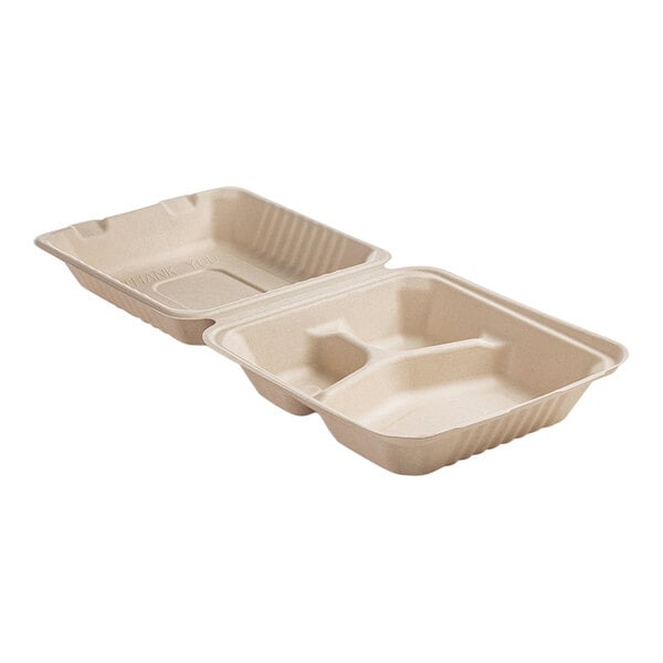 Two Fineline Conserveware bagasse take-out containers with lids.