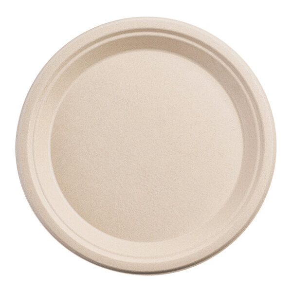 A close-up of a beige Fineline bagasse round plate.