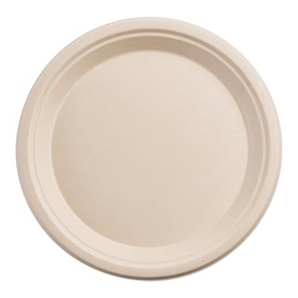 A close-up of a Fineline bagasse round plate with a white surface.