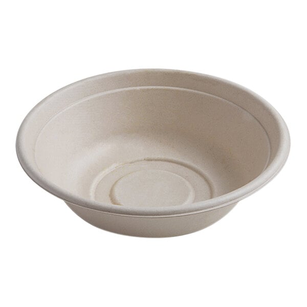 A tan bagasse round bowl with a circular shape.