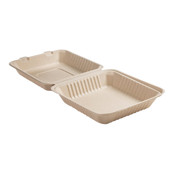 A close-up of a Fineline bagasse take-out container.