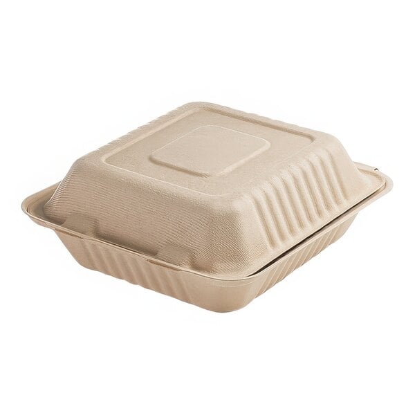 A Fineline bagasse take-out container with a lid on a white background.